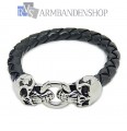 Zwarte leren armband met skull sluiting.