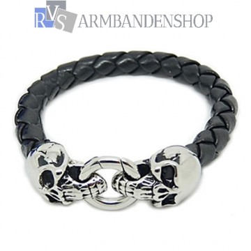 Zwarte bikers leren armband met skull sluiting.