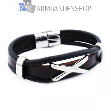 Zwarte met donker bruin leren armband met rvs edelstaal.