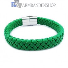 Groene leren armband met rvs edelstaal .