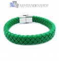 Groene leren armband met rvs accent.