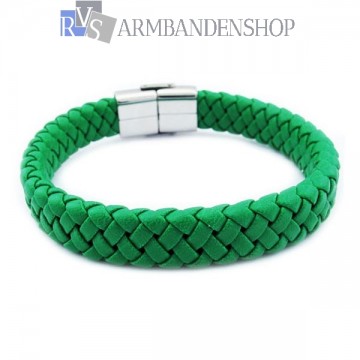 Groene leren armband met rvs edelstaal .