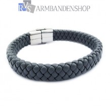 Grijze leren armband met rvs accent.