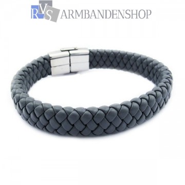 Grijze leren armband met rvs edelstaal.