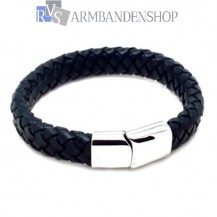 Zwarte leren armband met rvs edelstaal.