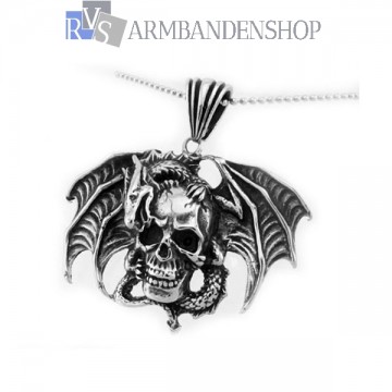 Rvs draak met skull hanger Rvs draak met skull hanger