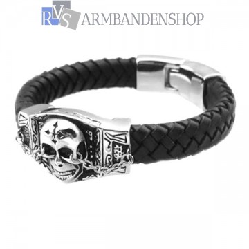 Zwarte bikers leren armband met skull.